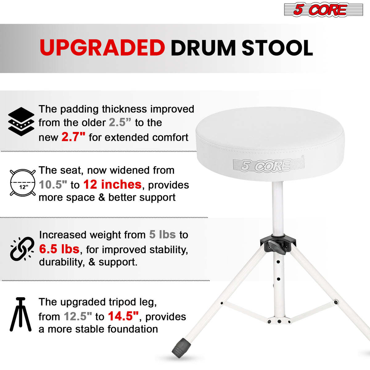 5Core Drum Throne Padded Guitar Stool Height Adjustable Drummer Seat Music Chair for Adults And Kids - DS 01