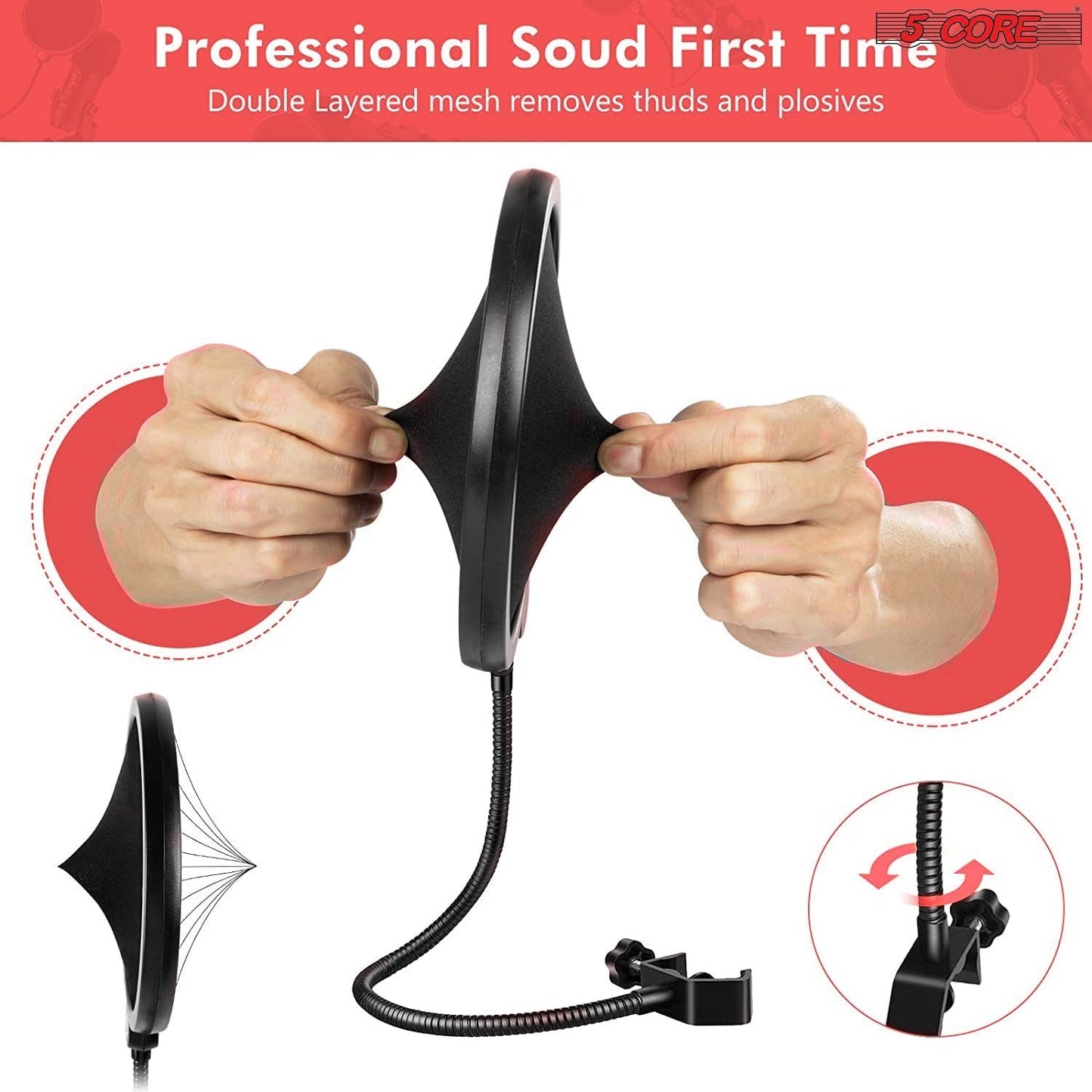 5 Core Microphone Arm Stand, Upgraded Adjustable Suspension Boom Scissor Arm Mic Stand 42 inch with Pop Filter, 3/8" to 5/8" Adapter, Mic Clip Shock Mount, Cable Ties for All Microphones - ARM SET 21