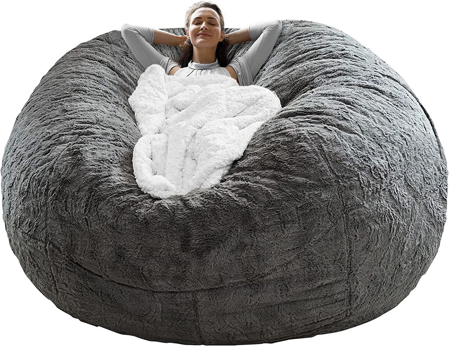 Bag Chair Cover(it was only a Cover; not a Full Bean Bag) Chair Cushion; Big Round Soft Fluffy PV Velvet Sofa Bed Cover; Living Room Furniture; Lazy Sofa Bed Cover; 5ft Dark Grey