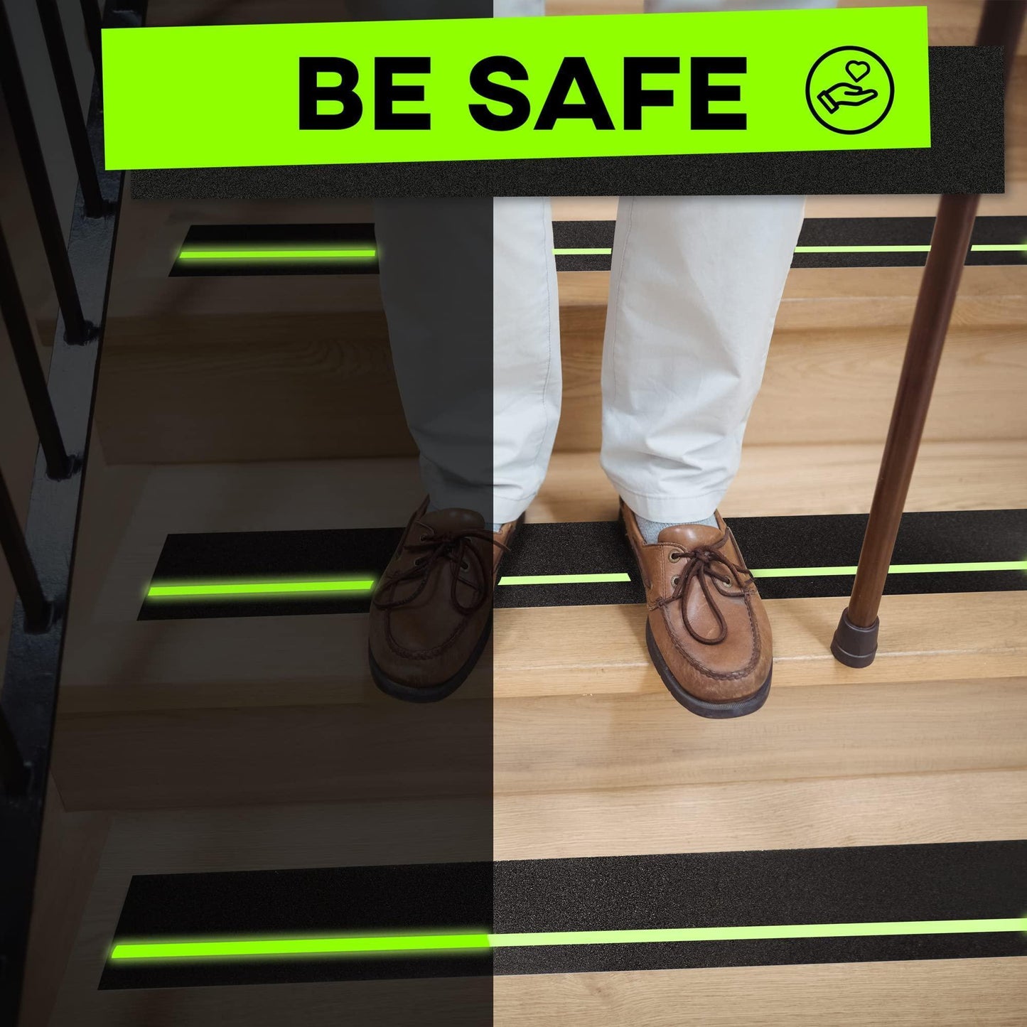 Grip Tape Heavy Duty Anti Slip Tape for Stairs 4 Inch x 35 Feet Black with Glow in The Dark Strips Outdoor Indoor Waterproof Non Skid Roll for Stair Steps Traction Tread Staircase Grips