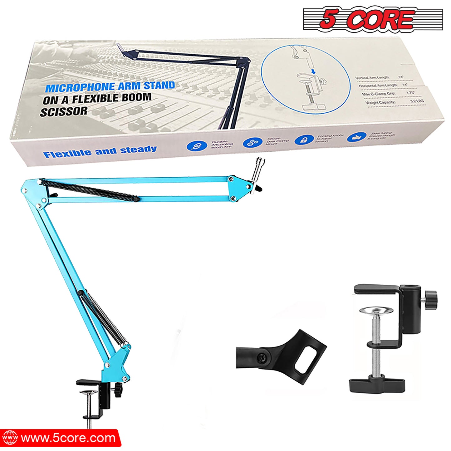 5 Core Mic Arm Adjustable Boom Microphone Stand Desk Mount Heavy Duty Brazo Para Microfono for Condenser Dynamic Mics - MS ARM BLU