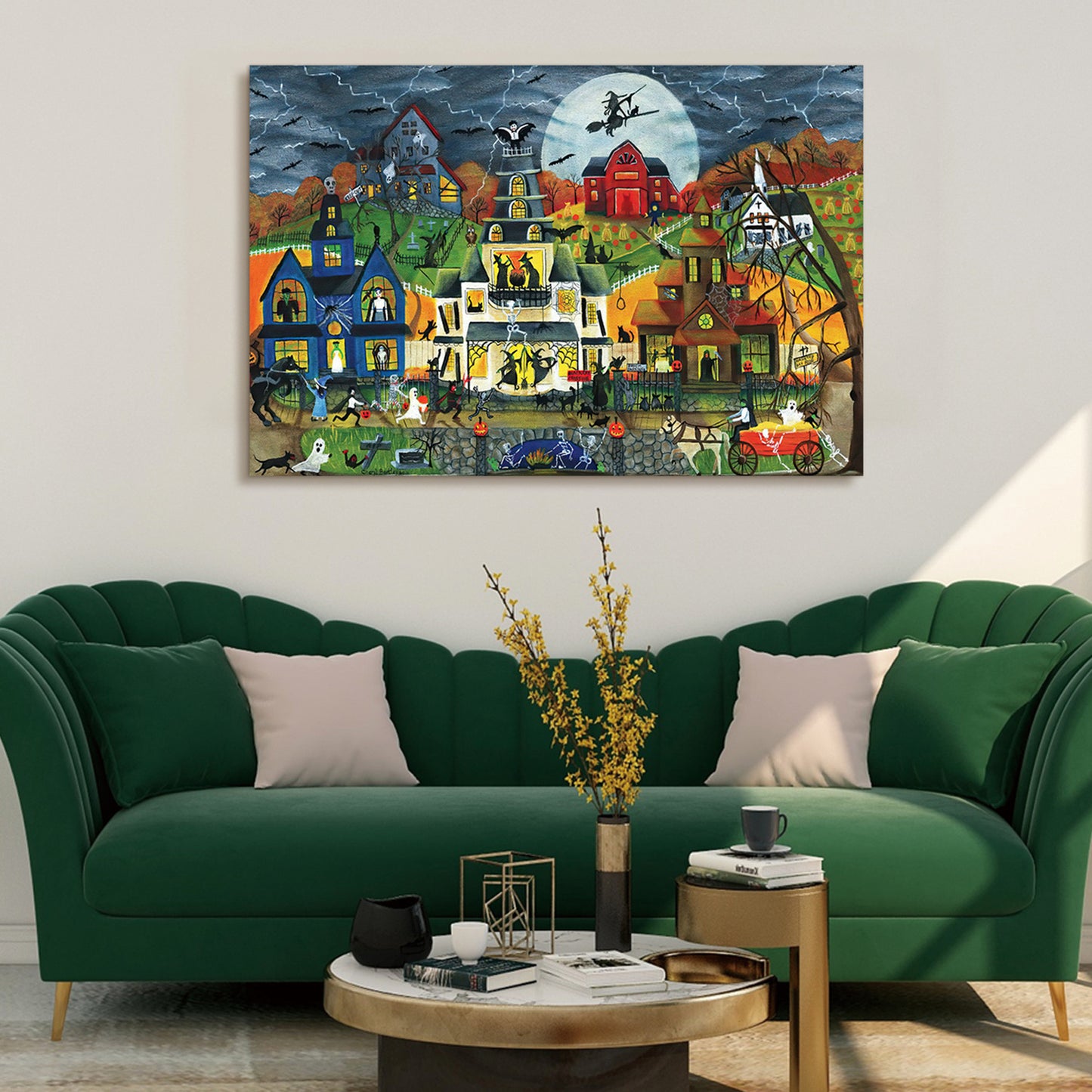 Drop-Shipping Framed Canvas Wall Art Decor Painting For Halloween, Haunted Ghost Town Painting For Halloween Gift, Decoration For Halloween Office Living Room, Bedroom Decor-Ready To Hang
