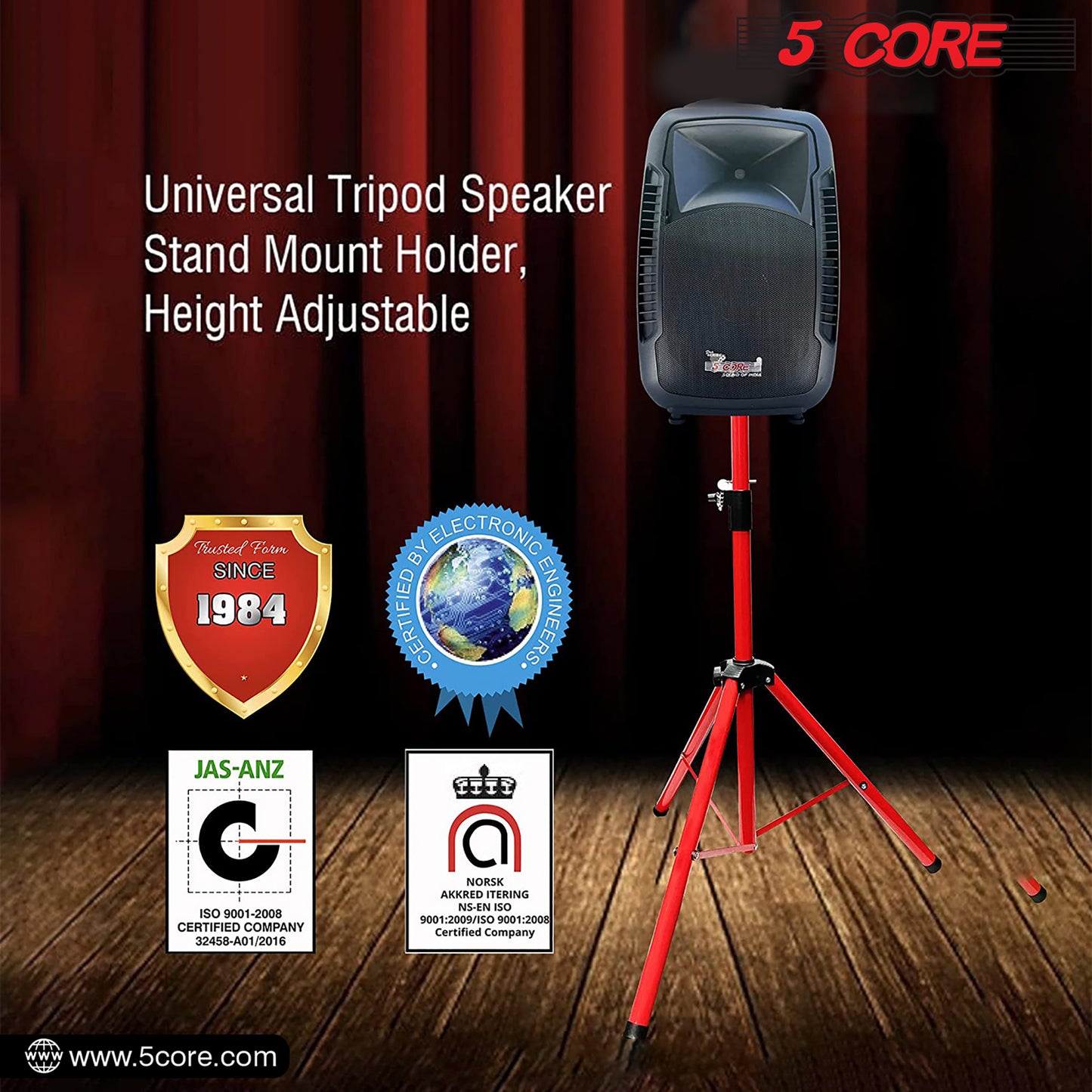 5 Core Speaker Stand Tripod Floor Tall Adjustable Up to 72 Inch DJ Studio Monitor Stands Pole Mount -- SS ECO 1PK WoB