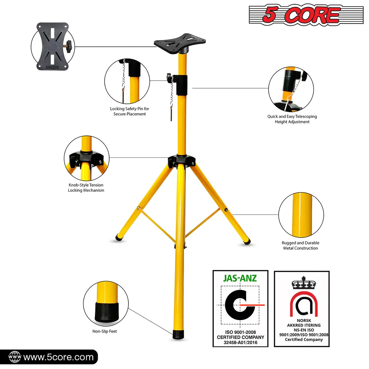 5 Core Speaker Stand Tripod Floor Tall Adjustable Up to 72 Inch DJ Studio Monitor Stands Pole Mount -- SS ECO 1PK WoB