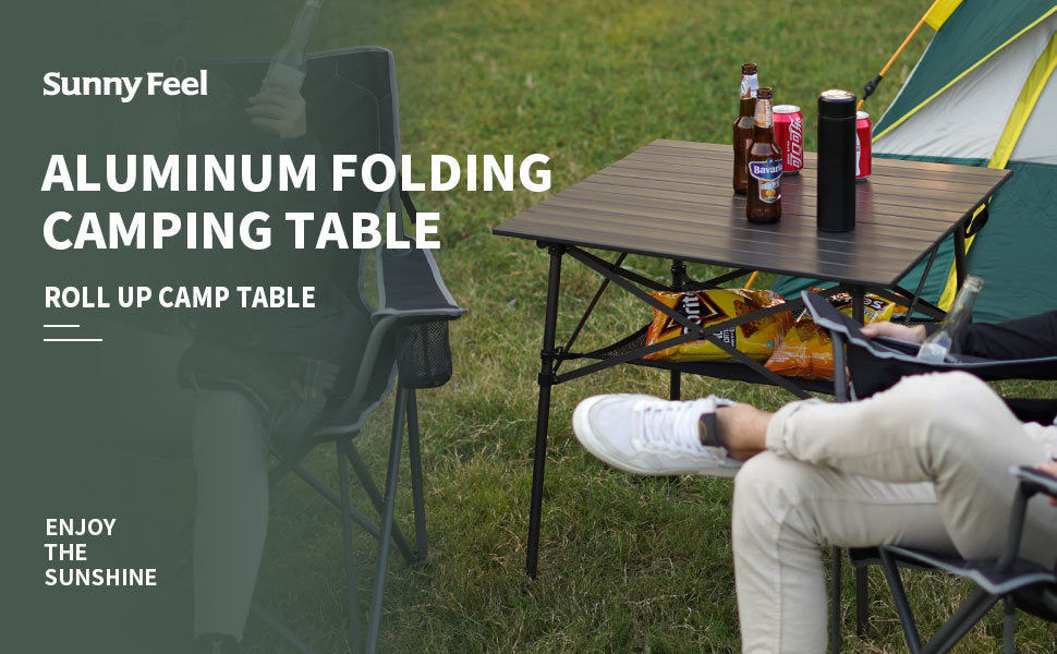 SUNNYFEEL Outdoor Folding Table | Lightweight Compact Aluminum Camping Table, Roll Up Top 4 People Portable Camp Square Tables with Carry Bag for Picnic/Cooking/Beach/Travel/BBQ