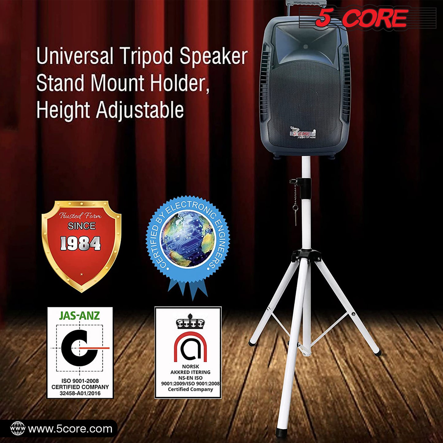 5 Core Speaker Stand Tripod Floor Tall Adjustable Up to 72 Inch DJ Studio Monitor Stands Pole Mount -- SS ECO 1PK WoB