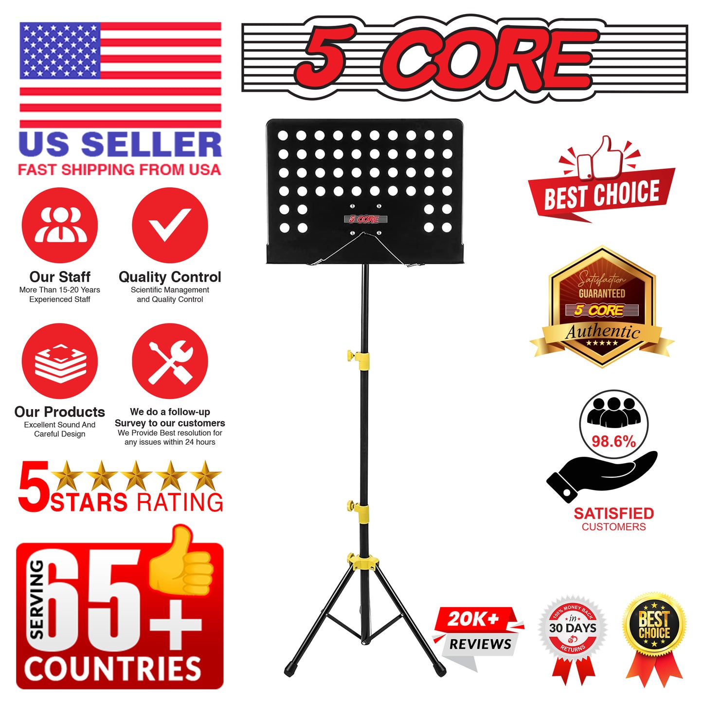 5 Core Sheet Music Stand Dual Use Professional Portable Music Stand, Metal Desktop Tripod Music Book Stand & Orchestral Sheet Stand Folding Adjustable Sturdy Heavy Duty for Performance & Band-MUS YLW