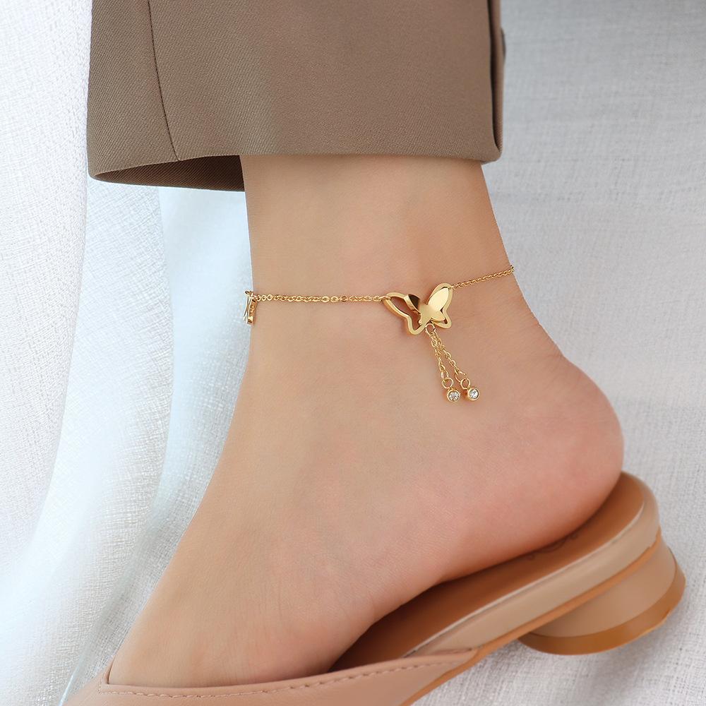 Titanium steel butterfly tassel naked anklet Korean female models sexy net red jewelry simple rose gold niche design trend
