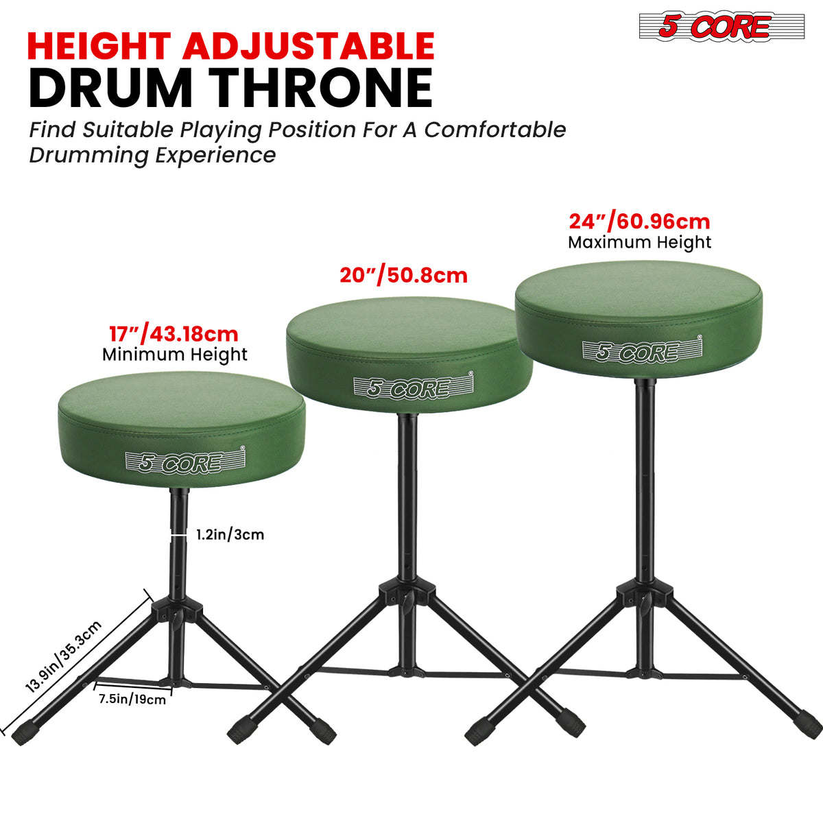 5Core Drum Throne Padded Guitar Stool Height Adjustable Drummer Seat Music Chair for Adults And Kids - DS 01