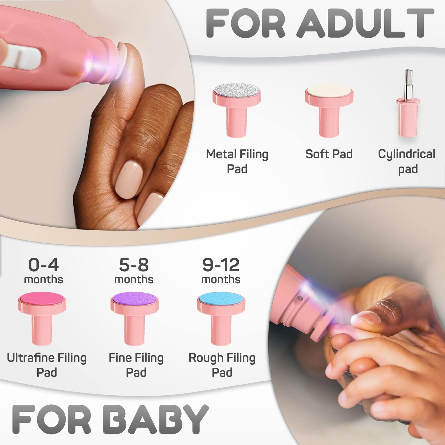 Pink Rechargeable Baby Nail Clippers Baby Nail Trimmer Electric w Led Light for Newborn Infant Toddler Kids Baby Manicure Fingernail Care Set w Scissors Baby Essentials Must Haves Grinder Cutter