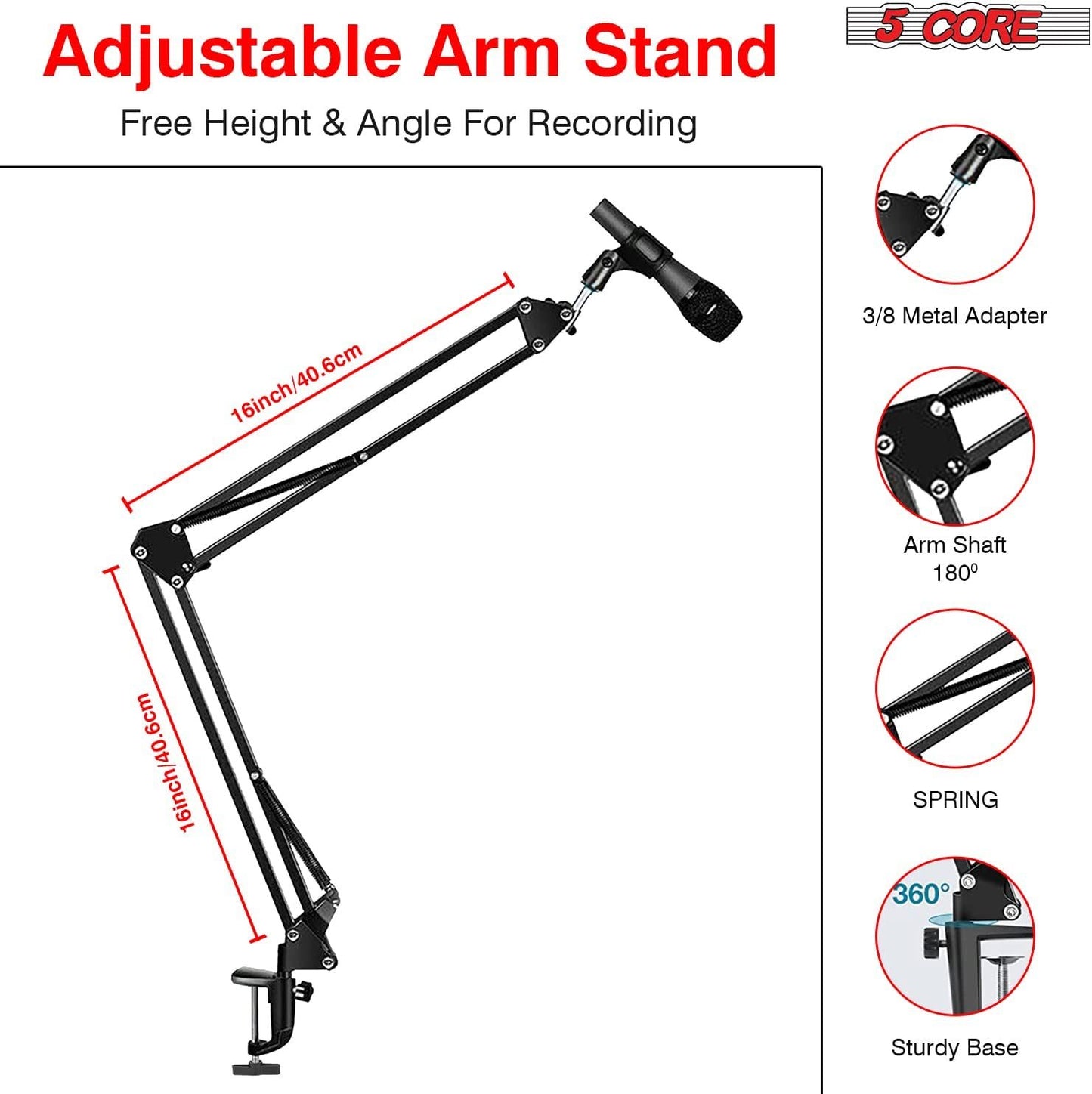 5 Core Microphone Arm Stand, Upgraded Adjustable Suspension Boom Scissor Arm Mic Stand 42 inch with Pop Filter, 3/8" to 5/8" Adapter, Mic Clip Shock Mount, Cable Ties for All Microphones - ARM SET 21