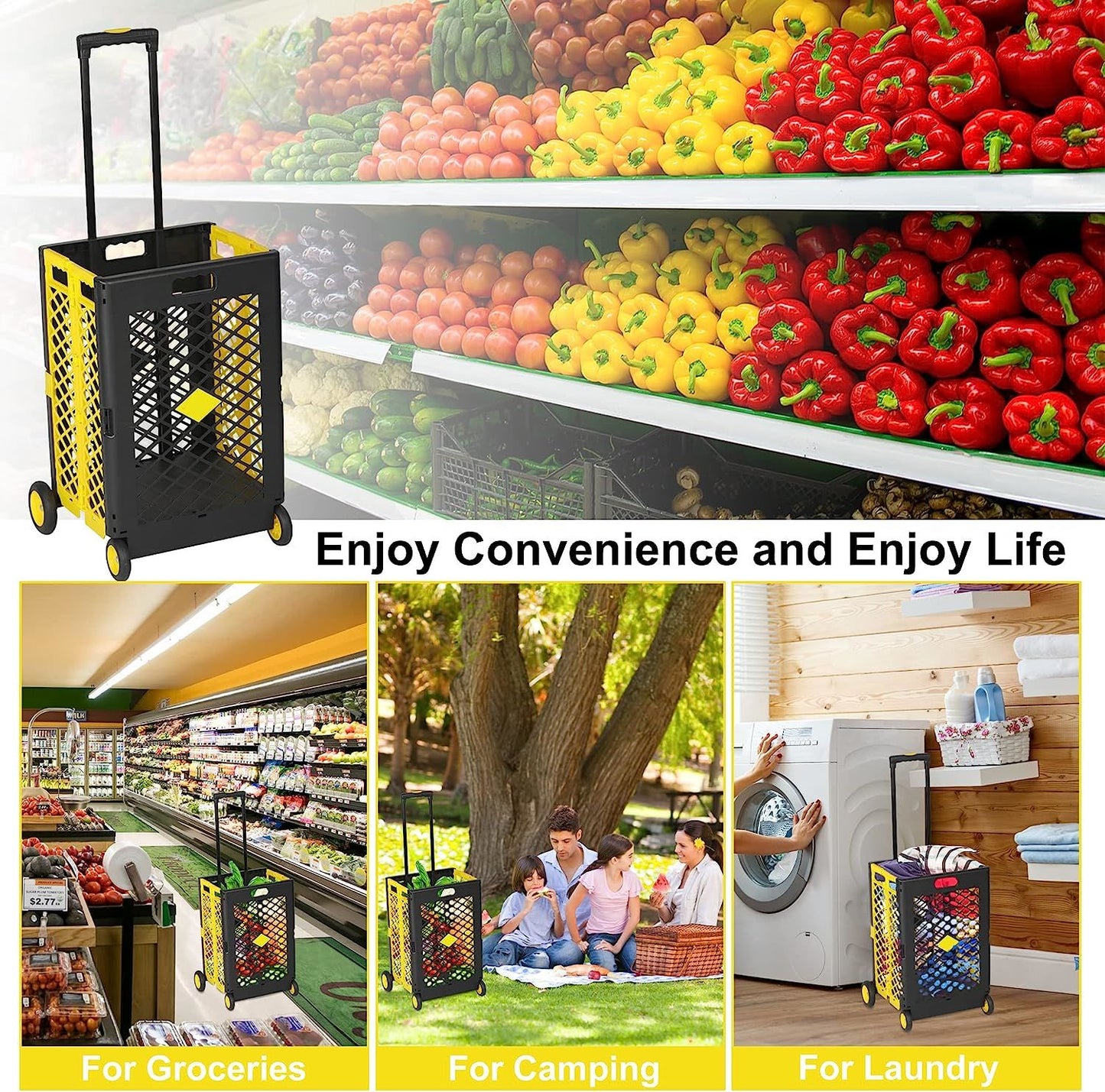 55L Foldable Rolling Cart with Wheels, Portable Updated Utility Tools Rolling Crate w/ Telescopic Handle, Yellow/Gray with Lid