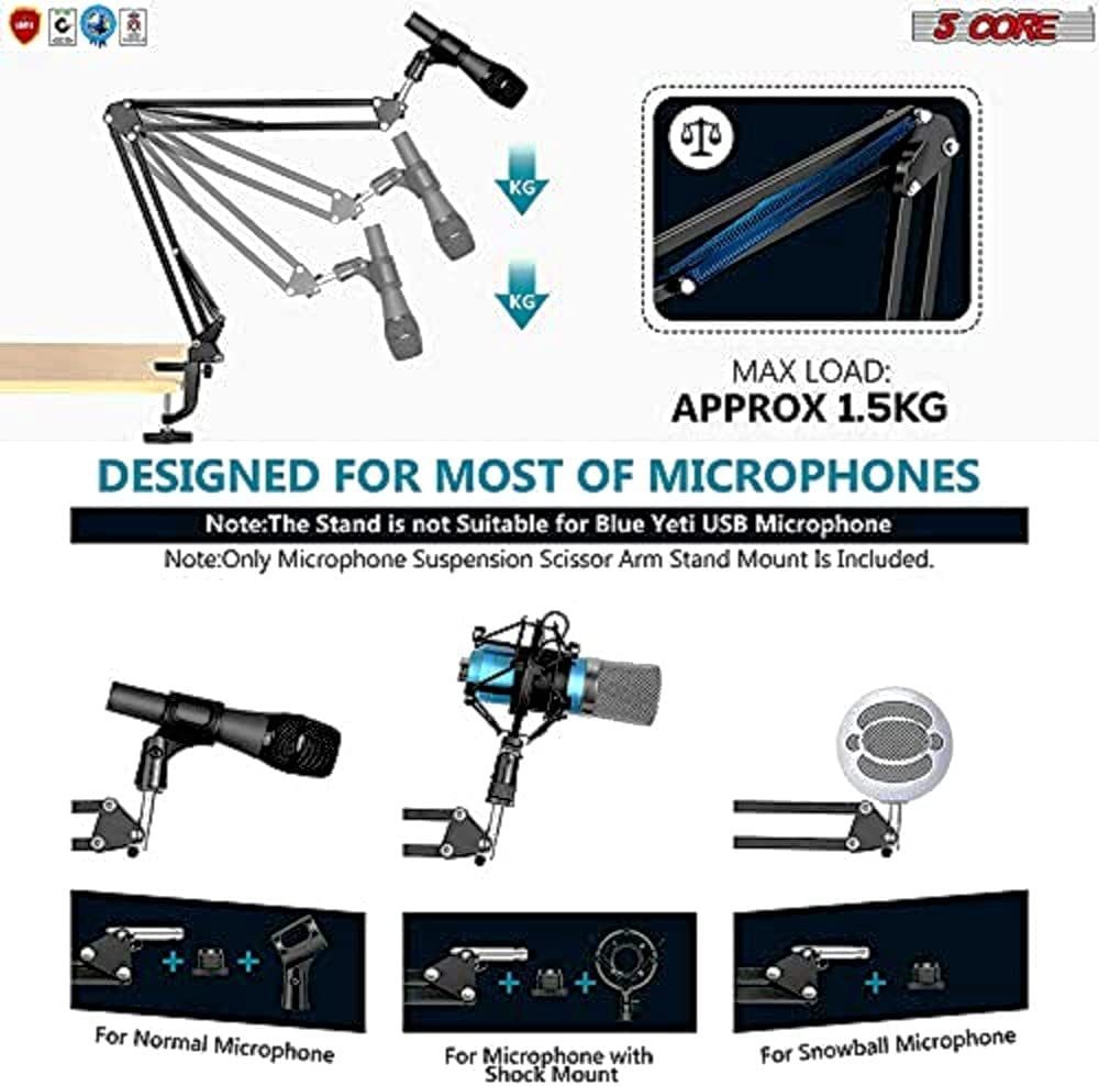 5 Core Microphone Arm Stand, Upgraded Adjustable Suspension Boom Scissor Arm Mic Stand 42 inch with Pop Filter, 3/8" to 5/8" Adapter, Mic Clip Shock Mount, Cable Ties for All Microphones - ARM SET 21