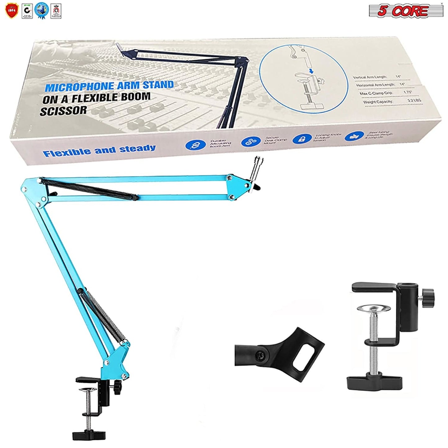 5 Core Mic Arm Adjustable Boom Microphone Stand Desk Mount Heavy Duty Brazo Para Microfono for Condenser Dynamic Mics - MS ARM BLU