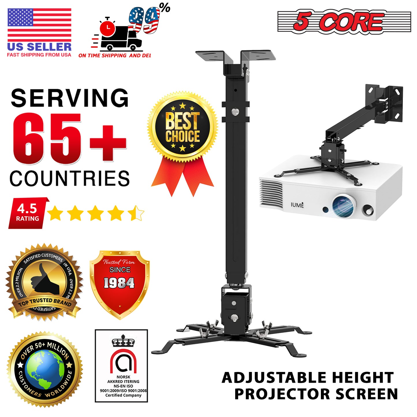 Projector Stabd HD Ceiling Mount Universal Black Extendable Bracket TILT Wall Mount Hanger Supports up to 40 lbs Mounting for Most Projectors Video - 5 Core PS 01 BLK