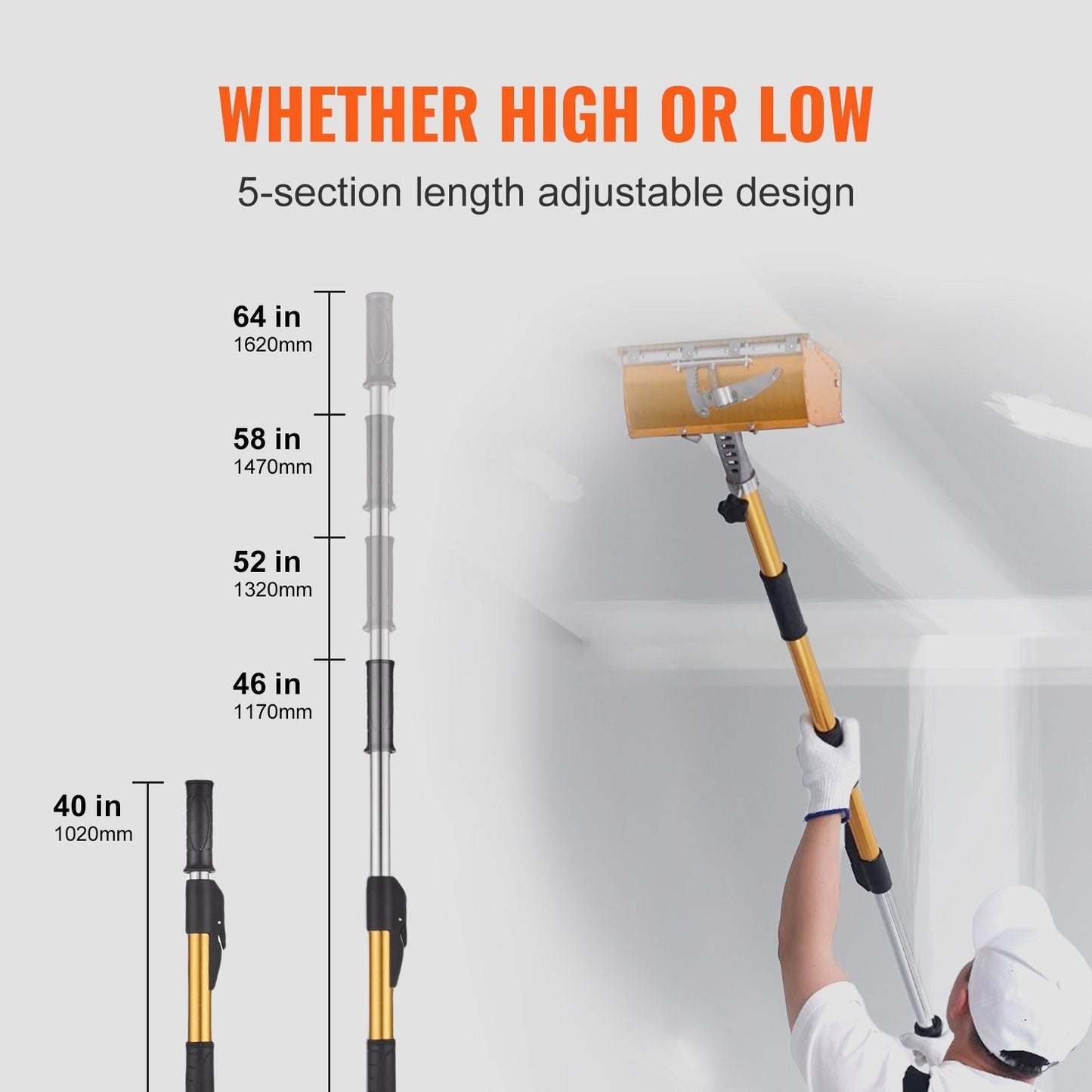 VEVOR Drywall Flat Box Handle; 40''-64''; Anodized Aluminum Flat Finishing Extension Handle; 5-Section Length Adjustable; Non-slip Grip and 360° Painting for Plasterboard; Wallboard; Sheetrock