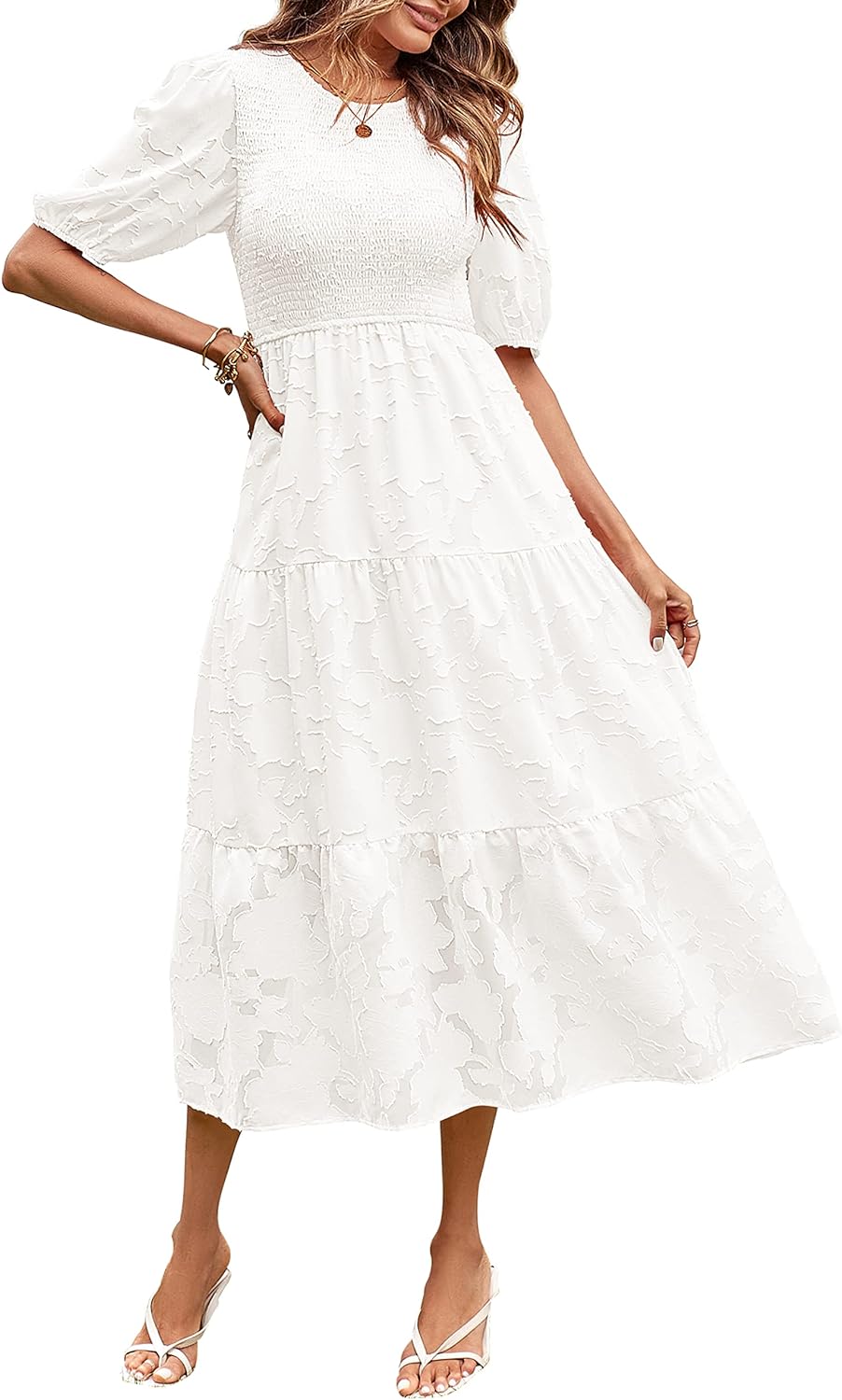 MEROKEETY Women's 2023 Summer Puff Sleeve Smocked Floral Dress Crewneck Lace Flowy Tiered Midi Dresses