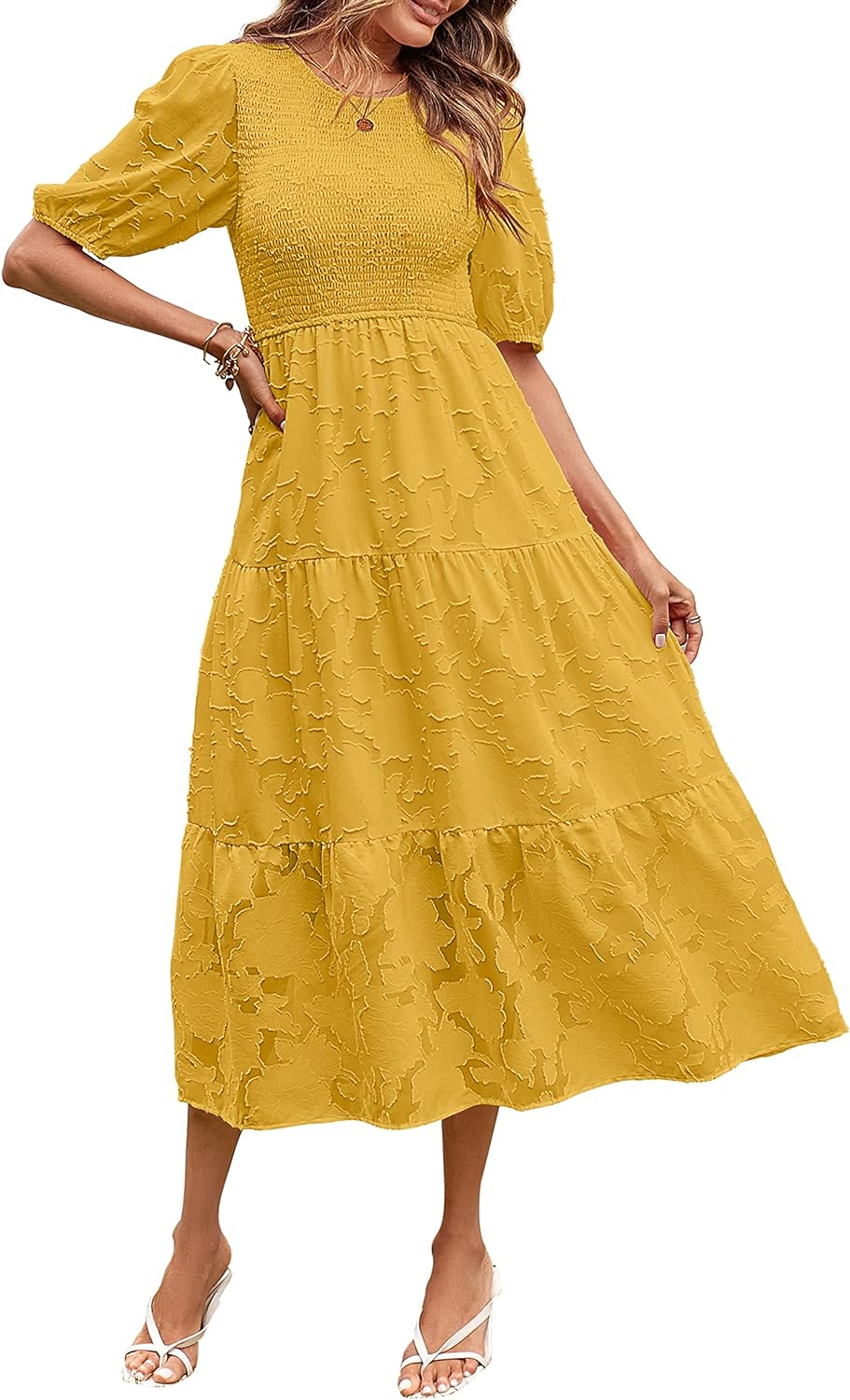MEROKEETY Women's 2023 Summer Puff Sleeve Smocked Floral Dress Crewneck Lace Flowy Tiered Midi Dresses