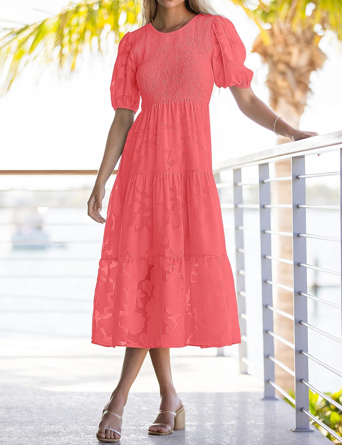 MEROKEETY Women's 2023 Summer Puff Sleeve Smocked Floral Dress Crewneck Lace Flowy Tiered Midi Dresses