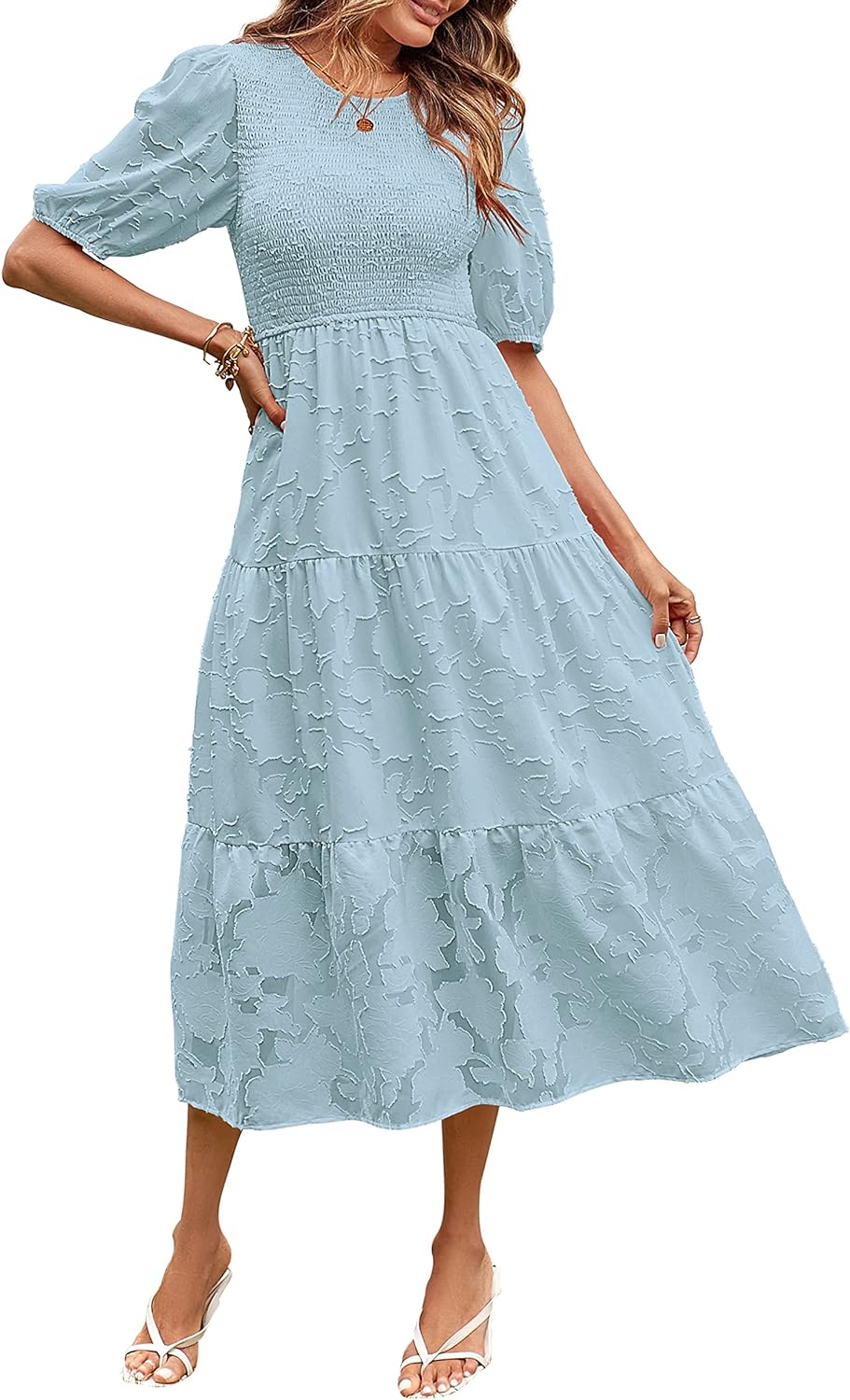 MEROKEETY Women's 2023 Summer Puff Sleeve Smocked Floral Dress Crewneck Lace Flowy Tiered Midi Dresses