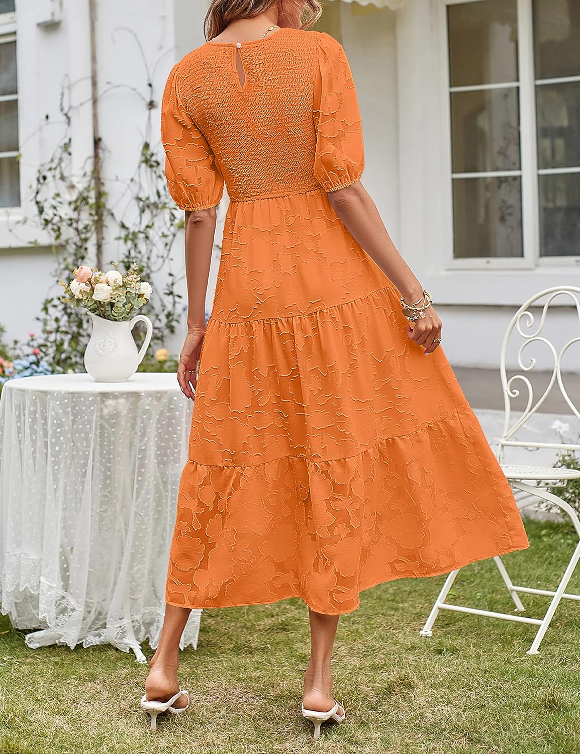 MEROKEETY Women's 2023 Summer Puff Sleeve Smocked Floral Dress Crewneck Lace Flowy Tiered Midi Dresses