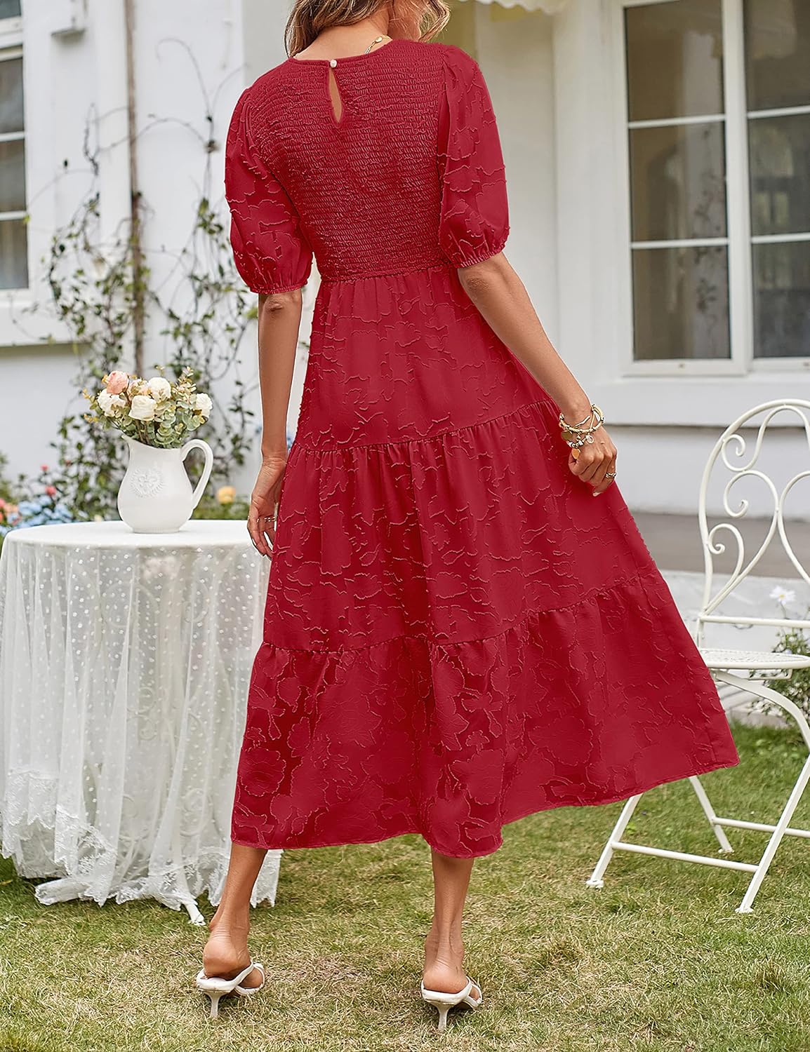 MEROKEETY Women's 2023 Summer Puff Sleeve Smocked Floral Dress Crewneck Lace Flowy Tiered Midi Dresses