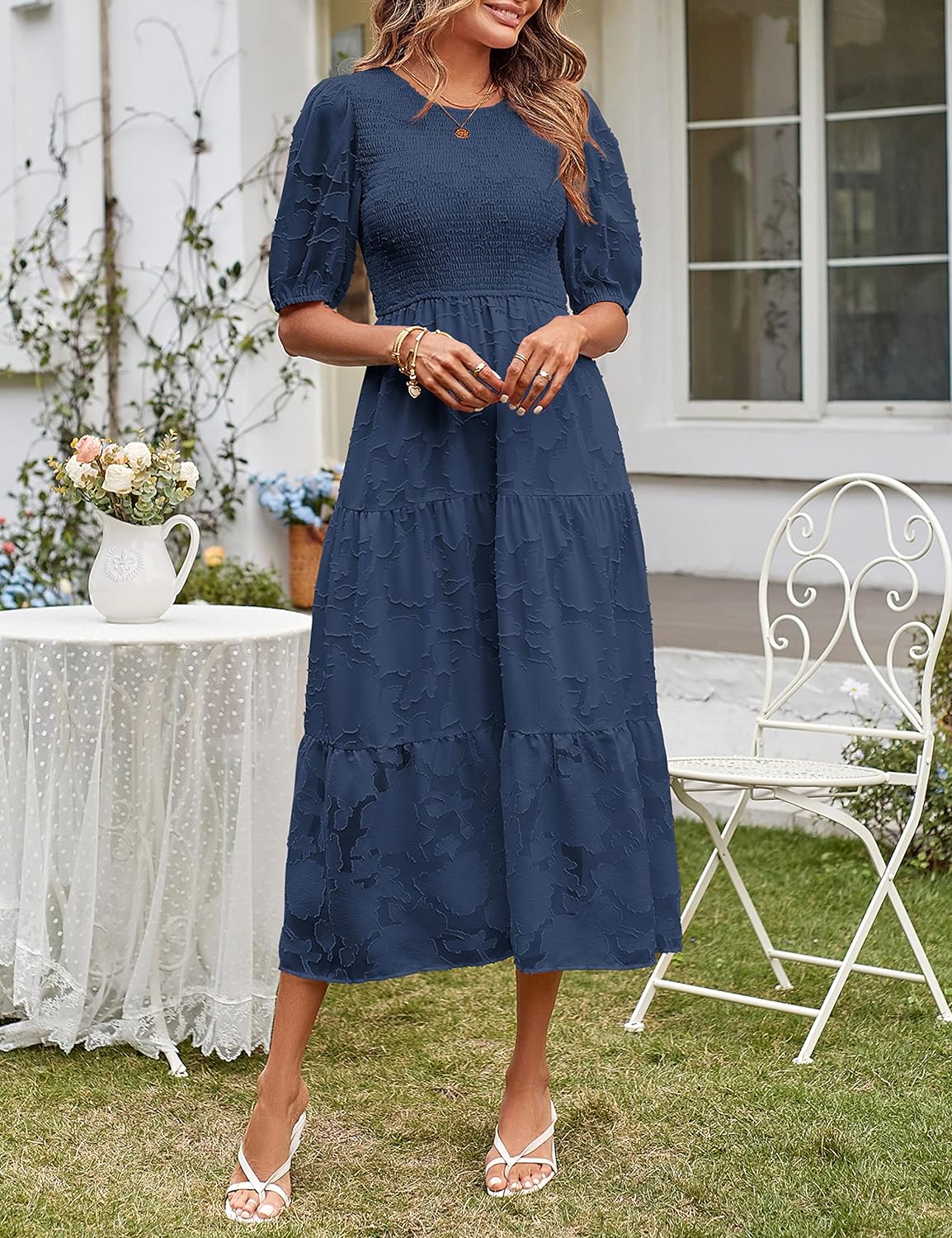 MEROKEETY Women's 2023 Summer Puff Sleeve Smocked Floral Dress Crewneck Lace Flowy Tiered Midi Dresses