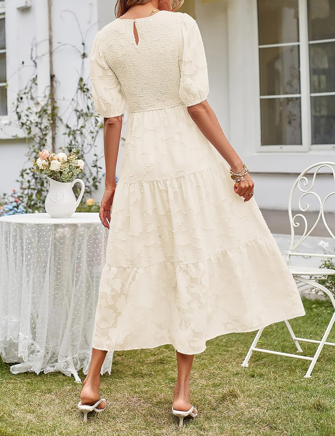 MEROKEETY Women's 2023 Summer Puff Sleeve Smocked Floral Dress Crewneck Lace Flowy Tiered Midi Dresses