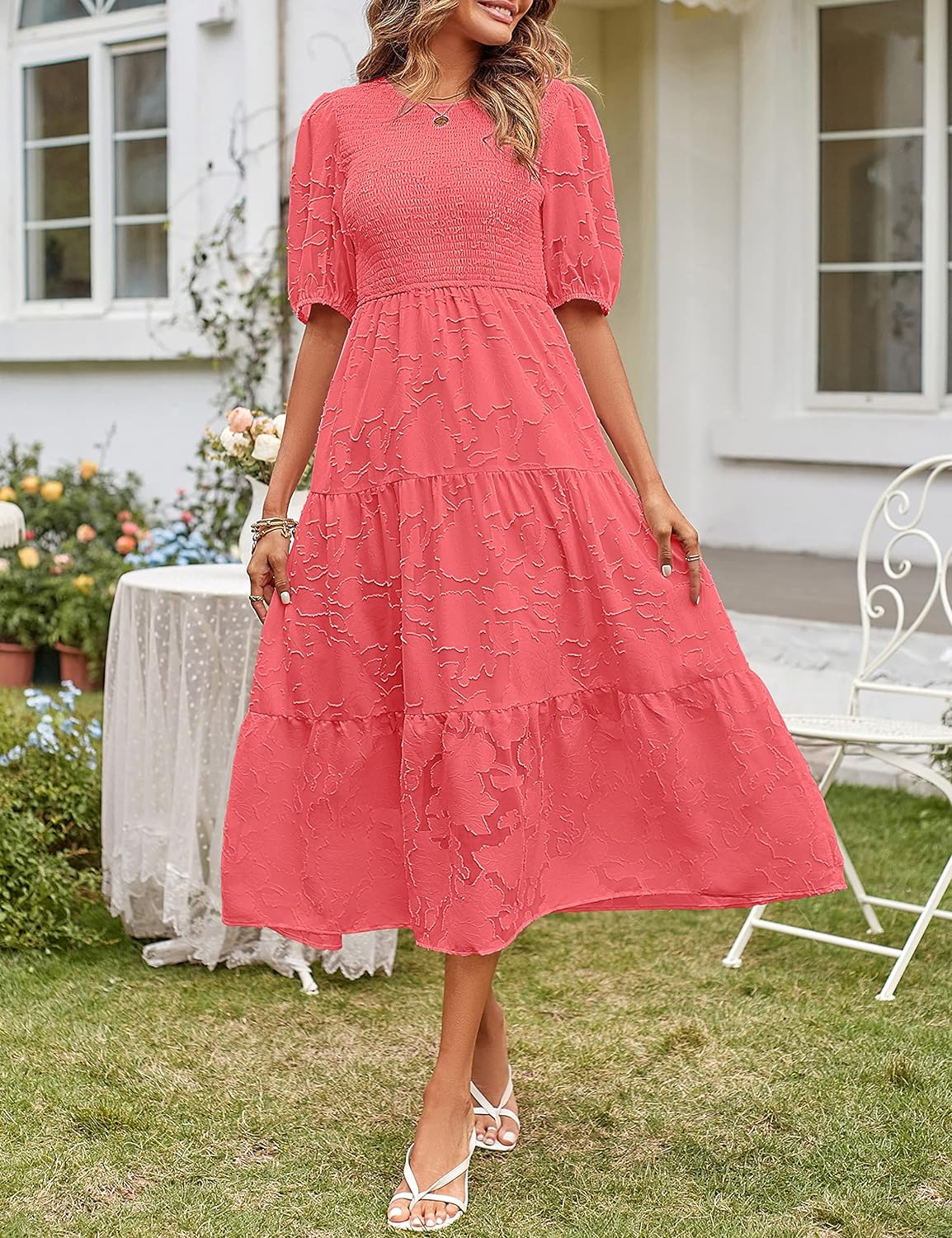 MEROKEETY Women's 2023 Summer Puff Sleeve Smocked Floral Dress Crewneck Lace Flowy Tiered Midi Dresses