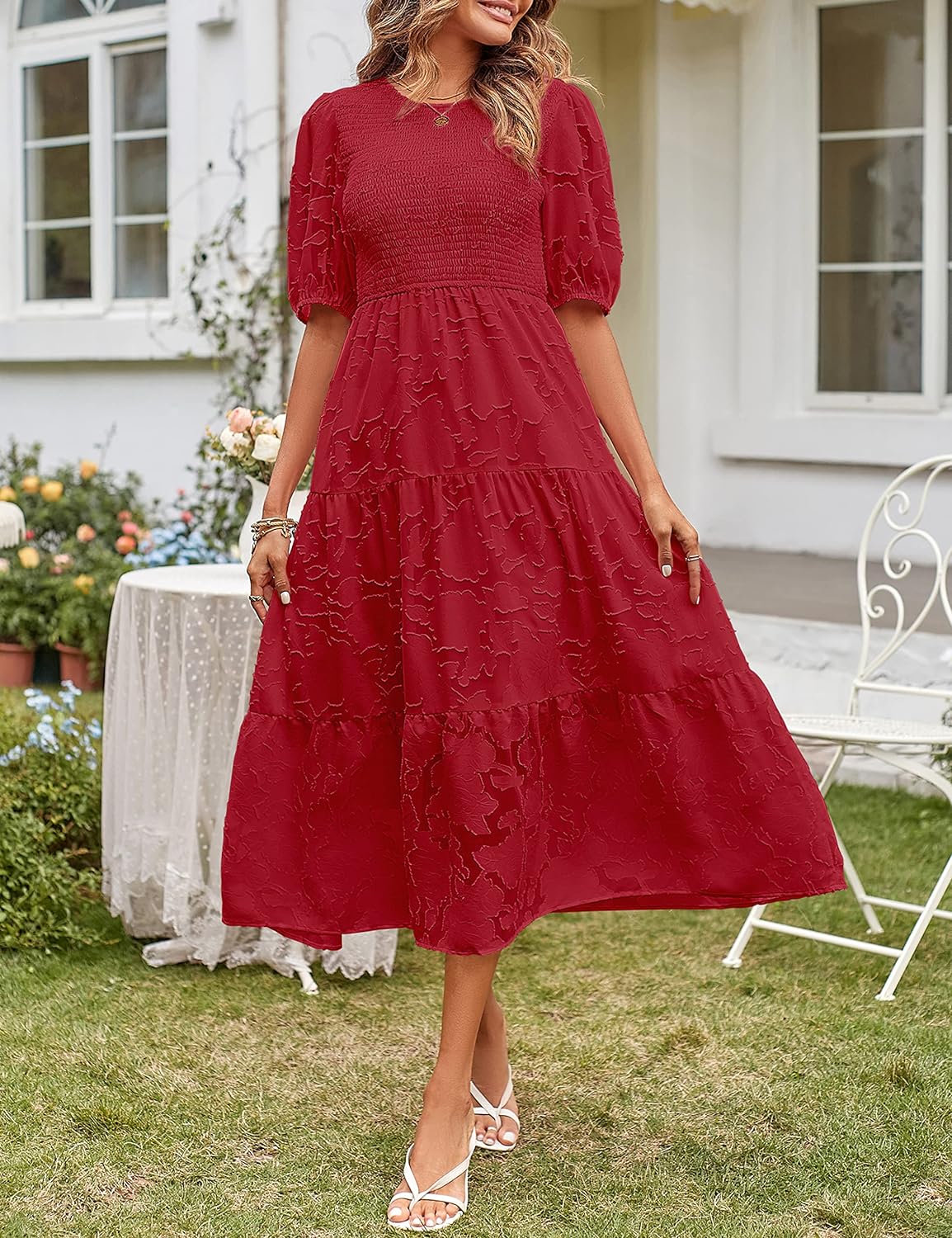 MEROKEETY Women's 2023 Summer Puff Sleeve Smocked Floral Dress Crewneck Lace Flowy Tiered Midi Dresses
